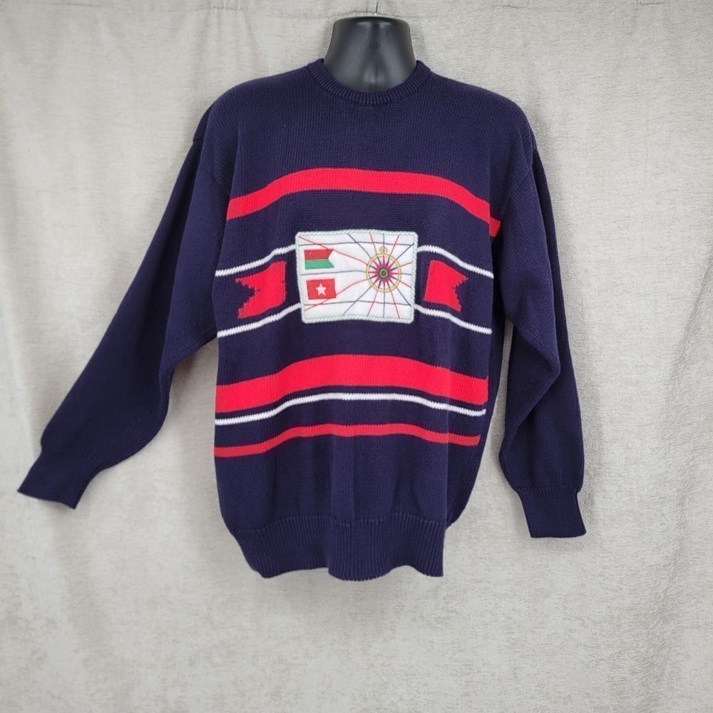 Pringle of Scotland Vintage Navy Blue Red Men's Crewneck Knit Nautical Sweater